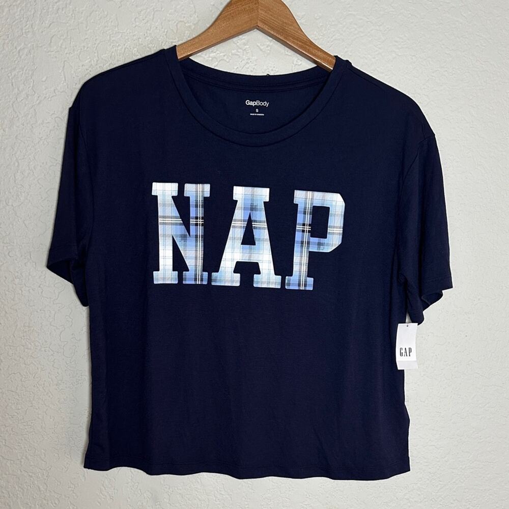 NEW GAP Blue Crop NAP Top Plaid Graphic Loungewear Travel Athleisure GapBody NWT